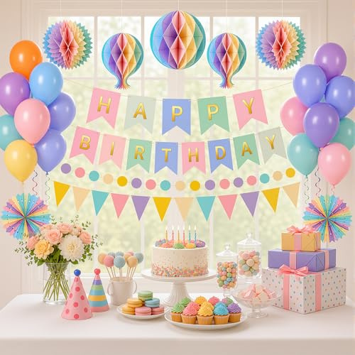 OLANRUN Happy Birthday Decorations with Pre-Strung Happy Birthday Banner, 21Pcs Balloons & Honeycomb, Paper Fans, Bunting, Paper Garland, Swirl Streamers, Party Decorations for Girls & Women