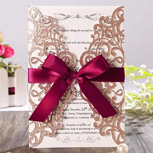 Hosmsua 50x Roségold Glitzer Hochzeitseinladungskarten, mit burgunderfarbenem Band und Umschlägen für Brautparty, Verlobung, Geburtstagsparty, 50 Stück (Roségold Glitzer)