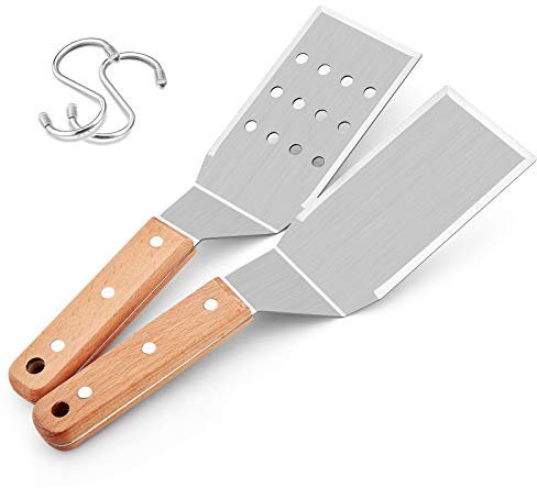 HaSteeL Metal Spatulas, 2 Pcs Stainless Steel Griddle Spatula Burger Turner, Heavy Duty Griddle Tools Set for Teppanyaki BBQ Flat Top Hibachi Cast Iron Grilling Cooking, Easy to Clean & 2 Hooks