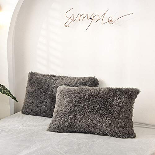 CoutureBridal 2er Set Kissenbezug 40x80cm Grau Warm Winter Kopfkissenbezug Plüsch Langhaar Flauschig Flanell Biber Kissenhülle Doppelpack
