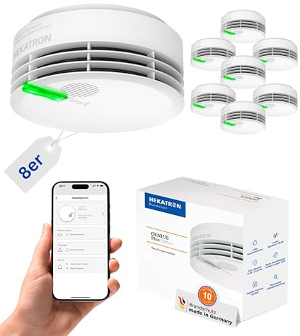 Hekatron Genius Plus – Rauchmelder 10 Jahre Batterie – 8 Stück | Testsieger Stiftung Warentest – made in Germany – inkl. 8x Klebepad – App-unterstützt – Feuermelder – mehrsprachig