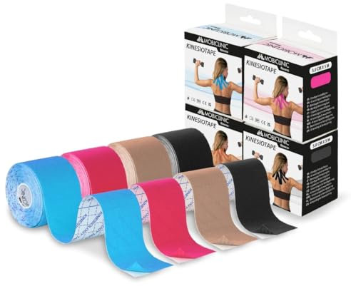 Mobiclinic®, 4er Pack Kinesiotape, Mobitape, 5cm x 5m, Kinesiologische Therapie, Tape Sport, Muskelstraffend, Hypoallergen, Atmungsaktiv, Wasserdicht, Bunt, Blau, Pink, Schwarz und Beige