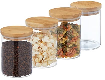 Relaxdays Vorratsgläser mit Bambusdeckel, 4er Set, kleine Vorratsdosen aus Glas, 750 ml, luftdicht, transparent/natur, 14 x 10 cm