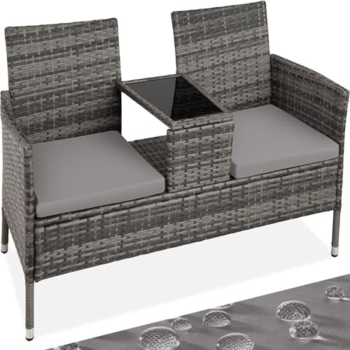 tectake® Panchina da Giardino in Polyrattan con Tavolino Integrato, 133x63x84 cm, Resistente Intemperie, Cuscino Seduta 6 cm, Set Panca da Giardino per 2, per Veranda, Balcone - Grigio/Grigio Chiaro