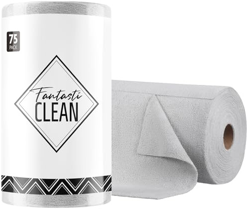 Fantasticlean Microfiber Cleaning Cloth Roll -75 Pack, Tear Away Microfiber Towels, 12 x 12, Reusable, Washable, Scratch Free, Ultra Absorbent Dishcloth for All-Around Cleaning Supplies (Grey)