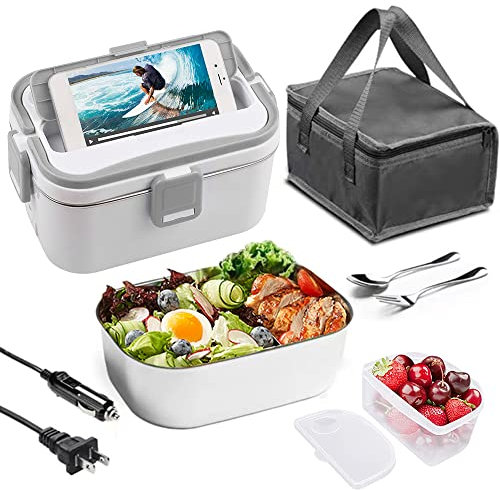Ailgely Beheizter Futternapf, 12 V, 24 V, 220 V, elektrische Lunchbox, 1,8 l, hohe Kapazität, auslaufsicher, Edelstahl, Lunchbox, Doppelnetzteil