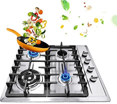 DiLiBee Plaque de cuisson à gaz encastrée 23, 4 feux en acier inoxydable, cuisinière à gaz encastrable pour gaz naturel et gaz propane 590 × 510 mm