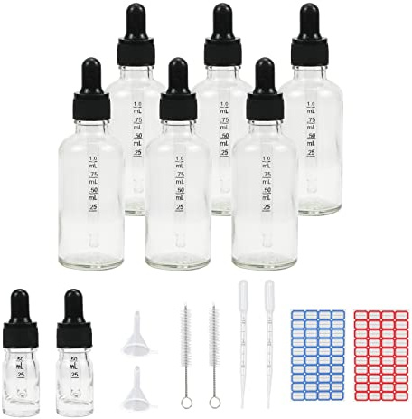 6 Stück 50ml Pipettenflasche, Tropfflasche Transparente Glasflaschen Set inkl. 5ml mit schwarzer Pipettenkappe und Hilfszubehör für Ätherische Öle Parfüm DIY-Probenmischungen (Transparent, 50ml)
