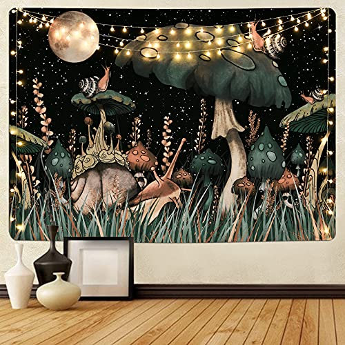 Yugarlibi Tapisserie murale champignon - Noir - Forêt - Escargot - Lune - Étoiles - Plantes - Art mural - Pour chambre à coucher, salon - 235 x 180 cm