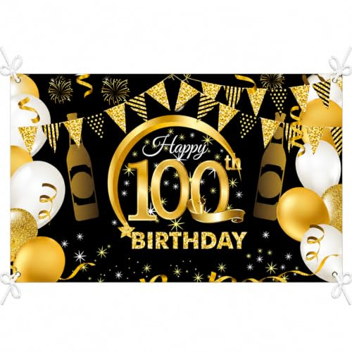 PLATEYTR 100 Años Decoración de Fiesta de Cumpleaños100 Años Fondo de Cumpleaños de Oro Negro,100 Años Banner de Fondo de Feliz Cumpleaños,Póster de Tela Cartel Extra Grande