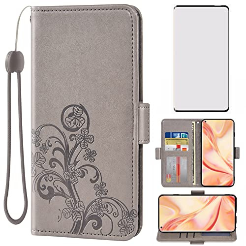 Asuwish Compatible with OPPO Find X2 Pro Wallet Case and Tempered Glass Screen Protector Flip Purse Accessories Leather Wrist Strap Credit Card Holder Stand Cell Phone Cover for CPH2025 Women Men Grey