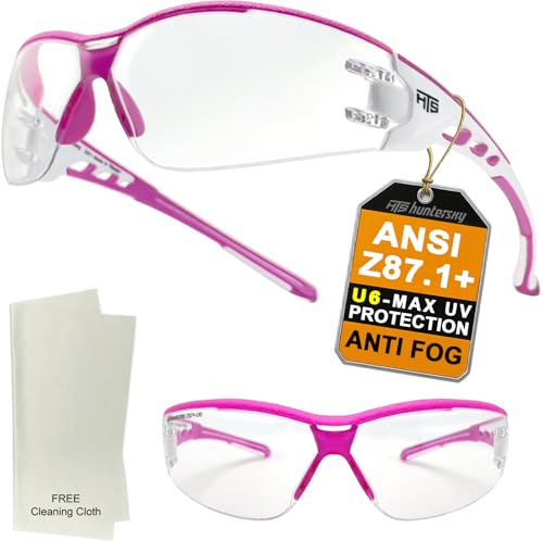 HTS HUNTERSKY Anti Fog Clear Shooting Safety Glasses for Ladies U6 UV Protection Flexible Lightweight Wrap Around with ANSI Z87.1 Pink Frame Scratch Resist