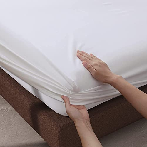 Rayyan Linen Sábana bajera extraprofunda totalmente elástica de 40 cm, 100 % algodón egipcio de 200 hilos (blanco, tamaño King)