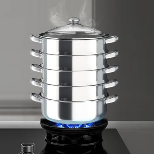 5 Tier Food Steamer, Stainless Steel Steamer Cookware Set with Glass Lid & Handles, Food Steam Cooker Steamer Cooking Set Soup Pot, Pot Diameter 30CM, Silver