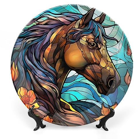 Decorative Plates, Horse & Flower Stained Glass Painting Ceramic Dinner Plate Home Wobble-Plate with Display Stand, Wall Hanging Decor for Dining Room Kitchen Household 7 Inch, Gifts for Horse Lover