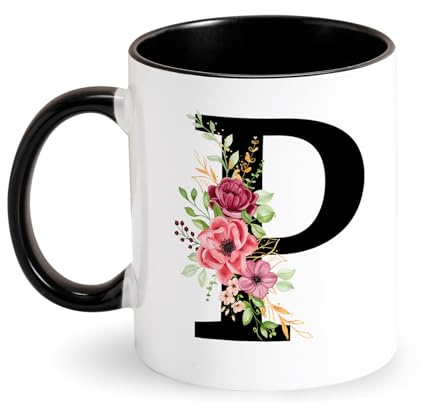 Tasse initiale personnalisée avec lettres et fleurs Tasse en céramique 350 ml Tasses initiales Tasses à café Noir Cadeaux originaux pour femmes, collègues, amis pour anniversaire (P)
