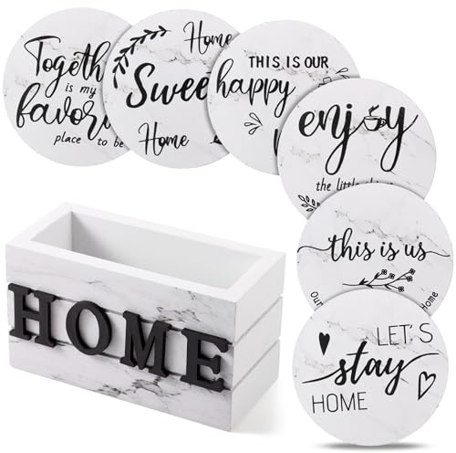 Queekay House Warming Gifts New Home Farmhouse Coasters Set of 6, Ivory | Wooden Coasters for Drink with Holder, 4'', Funny Home Decoration for Family Coffee Bar Table Protection, New Home Gift Ideas