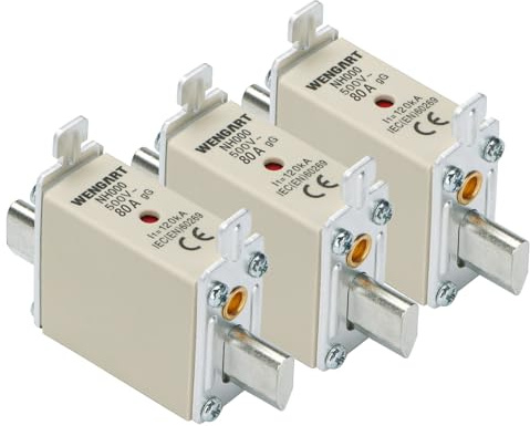 Wengart Pack de 3 Fusibles de Cuchilla NH000 80A 500V,Clase gG para Protección General,Alta Capacidad de Ruptura 120kA,Cuerpo de Cerámica para Aplicaciones Industriales y Cuadros de Distribución