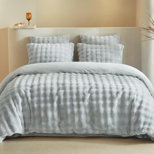 Lekesky Fleece King Size Duvet Cover Sets Grey Bedding, Ultra-Soft Warm Faux Fur King Size Fleece Duvet Set (1x Quilt Cover, 2x Pillowcases) Grey Fluffy Bedding Sets 230x220 cm for Winter