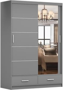 Fabryka Mebli Idźczak Kleiderschrank mit Spiegel grau -Schwebetürenschrank - Schlafzimmerschrank - 61 x 150 x 218 cm - Wohnzimmerschrank - Garderobenschrank Schrank mit Zwei Türen, Schubladen