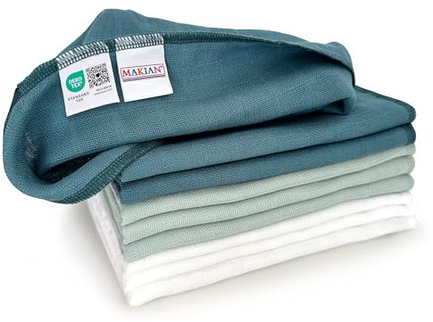 MAKIAN Mullwindeln 9er Pack, 40x40 cm, Oeko-TEX® Standard 100 geprüft, 9 Spucktücher in Premium Qualität - 4-lagige Stoffwindeln/Mulltücher - Patina/Mint/Weiß