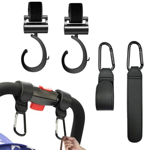 Ksvaye 4 Stück Kinderwagenhaken Kinderwagen Haken für Taschen 360° Rotierend Haken Kinderwagen Karabinerhaken PU Leder Stroller Hooks Anhänger für Wickeltasche Einkaufstasche Spielzeug (Schwarz)