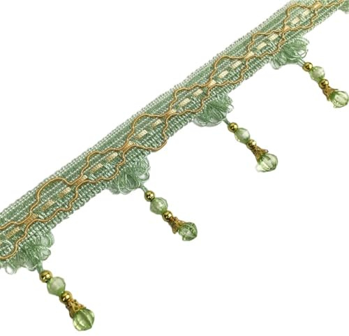 Whakano 3m Fransenborte mit Perlen 7cm Breite Meterware,Quastenborte zum Basteln Trim Borte Fringe Spitzenband Zierband Dekoborte,Band für DIY Nähen Basteln Kleidung,Vorhänge,Schal Dekoration,Grün