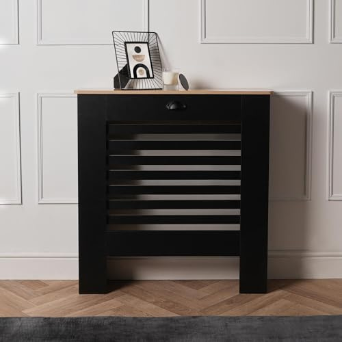 OHS Black Radiator Cover Small, Horizontal Slat Design for Optimal Heat Circulation Radiator Cover with Oak Look Top Shelf Painted MDF Cabinet Heater Cover for Living Room Bedroom Hallway