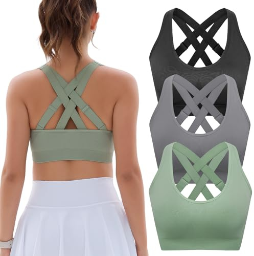 Sports Bras for Women High Support: Padded Workout Strappy Criss Cross Back Running Yoga Gym Seamless Medium Impact Push Up Crazy Girl Plus Size Bra 3 Pack Top Multipack Large Bust Breast White Black