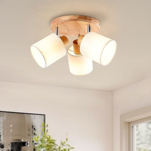 YNFLux LED Deckenlampe 3 Flammig Deckenstrahler Rund Holz Deckenleuchte Strahler E14 Schwenkbar 350°, Modern Deckenspot Boho Spot Lampe Decke für Wohnzimmer Schlafzimmer Küche Flur mit Leuchtmittel