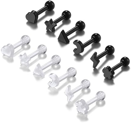 AllerPierce 12 Stück Ohrpiercing Set Acryl Tragus Helix Piercing Ohrstecker Bioflex 16G Lippelpiercing Durchsichtig/Schwarz