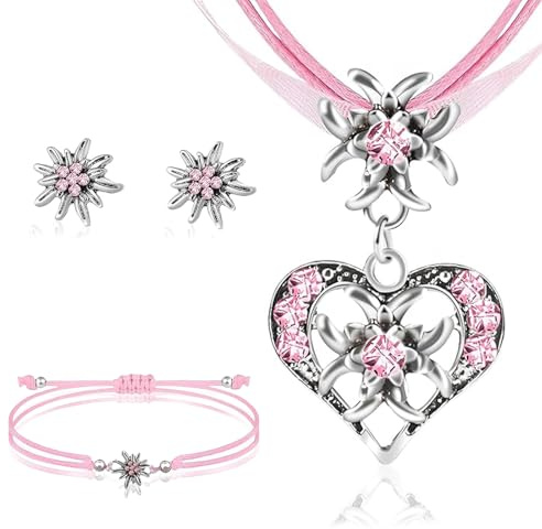 ChAusa Oktoberfest Edelweiß Herz Anhänger Accessoires, Trachten Schmuck | Bierfest Damen Trachtenkette mit Strass, für Damen Bierfest Trachten Dirndl Outfit Accessoires