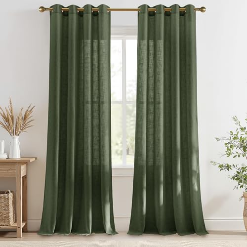 PONY DANCE Vorhänge Leinen Halbtransparent Landhaus Gardine Wohnzimmer | 2er Set, H225xB140cm, Matcha-Grün, 220g/m², Dicht, Schwer, Leinenoptik, Sonnenschutz, Ösen, für Schlafzimmer Kinderzimmer