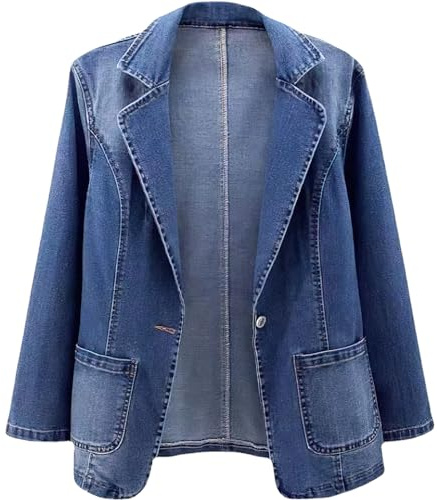 Blazer in Denim con Risvolto a Notch Classico da Donna Giacca da Ufficio Sottile a Maniche Lunghe con un Bottone (Blu,XXL)