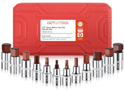GETLITOOL Set 12PZ Bussola a Brugola Metrica 5-22mm con Attacco 1/2 Pollice, Corredo di Bussole a Impatto in Acciaio S2+CRV Chiavi Esagonali Professionale con Valigetta per Avviatore Riparazione Auto