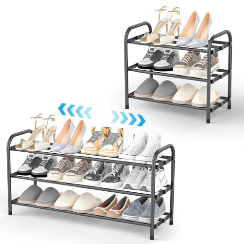 SKUTZTEK Expandable Schuhregal – 3 Ebenen Metall-Schuhregal mit Ausziehbarer Breite (42-80 cm) in Schwarz, ideal für Flur, Eingangsbereich, Kleiderschrank und Outdoor-Nutzung