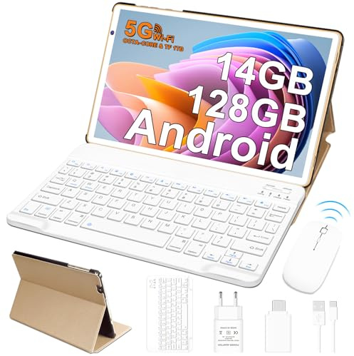 Tablet 10 Pulgadas Android Tablet Octa-Core, 14RAM + 128ROM (TF 2TB), WiFi, 8000mAh, 5MP+8MP, 1280*800 FHD IPS, Bluetooth, Widevine L1, Tablets con Funda, Ratón y Teclado 2 en 1-Cuerpo de Metal Gold