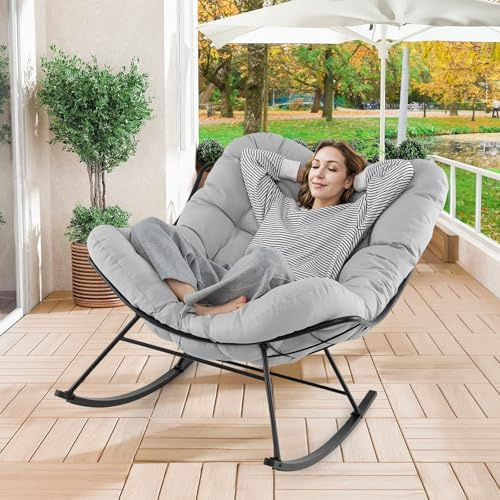 GIANTEX Chaise a Bascule Surdimensionnée, Fauteuil a Bascule en Forme d'Oeuf avec Coussin Epais, Rocking Chair, Charge 205 kg, Cadre en Métal, pour Salon, Balcon, Jardin, Terrasse (Gris Clair)