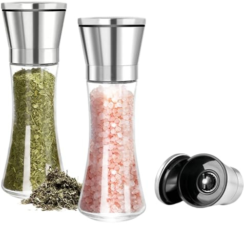 Salt and Pepper Grinder Set, Glass and Stainless Steel Refillable | Salt & Peppercorn Shakers Adjustable Coarseness for Spices, Manual Salt Shaker (Spices Free) Easy to Use and Fill (2 - Pack)