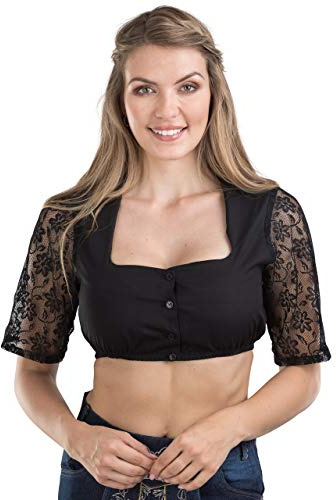 Schöneberger Traditionell Couture elegant Dirndlblus svart – dam Dirndl-blus med ädel knappslå och spets Wiesnklee svart, svart, 44