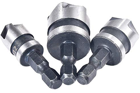 KATUR 5 Juego de brocas de avellanado de metal con flauta, cortador de chaflán de 90 grados, 3 piezas incluidas 12mm, 16mm, diámetro de la cabeza de 19mm y vástago hexagonal de 1/4 pulgadas (hex.)