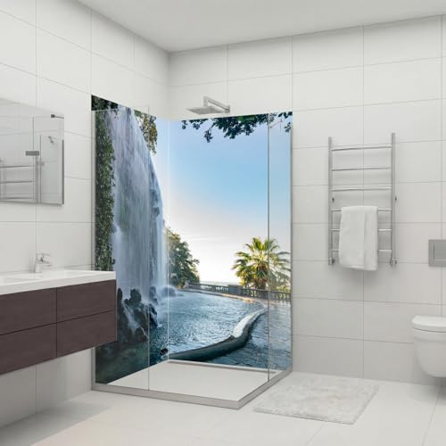 dedeco Eck-Duschrückwand wasserfest mit Wasserfall V11 Motiv UV-Lack glänzend - 2 x 90x200 cm, Badrückwand zum Fliesenersatz, Dekorwand, Wandverkleidung und Duschplatte aus Aluminium - Made in Germany