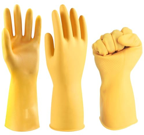 Discoball 6 Pack (3Pairs) Thicken Rubber Gloves, Non-slip, Bouncy, Reusable Cleaning Gloves, Without Pungent Smell, length 12.2IN (Pale-yellow, Large)