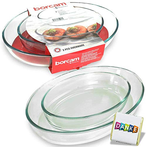 PASABAHCE Auflaufform groß 2-er Set, Glas Backform Set, Borcam Lasagne Auflaufform, Springform aus Glas, Auflaufformen im Set OVAL/RUND/ECKIG (OVAL)