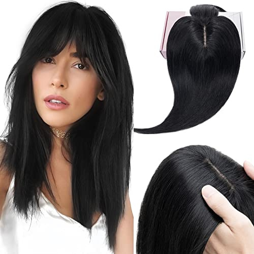Elailite Dame Toupet glatt Haartopper mit Franse Clip in Haarteile Extensions Haarverdichtung 150% dick 7 * 13cm Basis 14’’(35cm): 44g #01 Schwarz