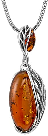 Copal Collier Ambre Avec Pendentif Feuille En Argent 925 Longueur Ajustable Eco-responsable