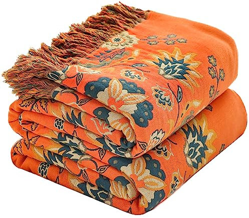 HOORDRY Baumwolle Tagesdecke,Bettüberwurf Wohndecke Sofadecke mit Muster 150x200CM,Herbst Doppelseitig Boho Decke Couchdecke Sesseldecke Wendedecke für Fernsehen oder Nap auf dem Stuhl,einzelbett