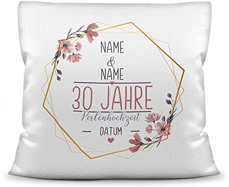 Tassendruck Kissen Hochzeitstag Perlen Hochzeit - mit Name & Datum selbst gestalten - 30 Jahre Ehe, Geschenk Hochzeit, Jubiläum, Jahrestag - Kissen Weiß flauschig, 40x40 cm I Personalisiert