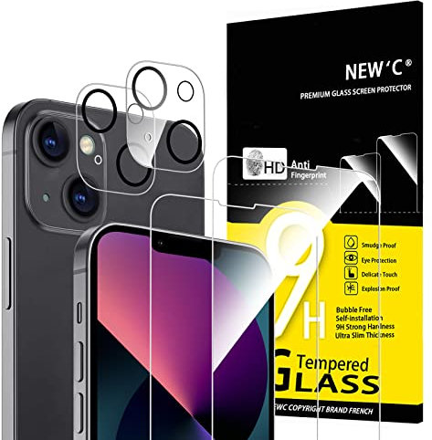 NEW'C Lot de 4, 2 x Verre Trempé pour iPhone 13 Mini et 2 x Protection Ecran Caméra Arrière -sans Bulles d'air -Ultra Résistant - Dureté 9H Glass
