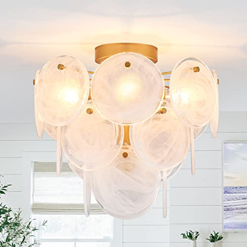 VANZARLA Modern Flush Mount Glass Ceiling Light, Gold Hallway Lights Vintage Chandelier, 4-Light Unique Light Fixture for Bedroom Entryway Loft Kitchen Laundry Bathroom Farmhouse